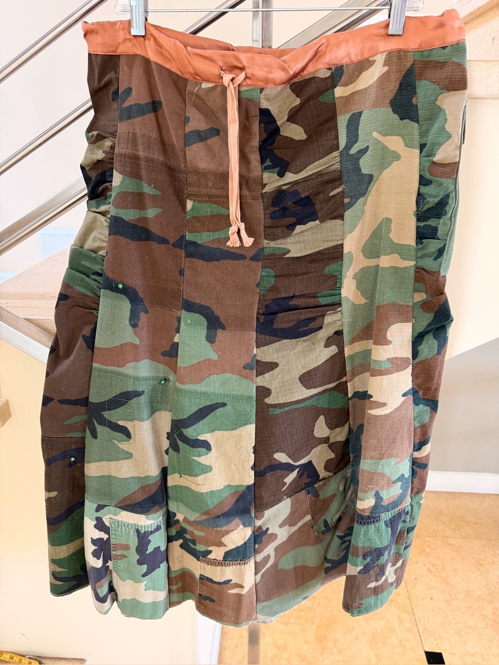 Vintage Camouflage Patchwork Skirt with Drawstring Waist